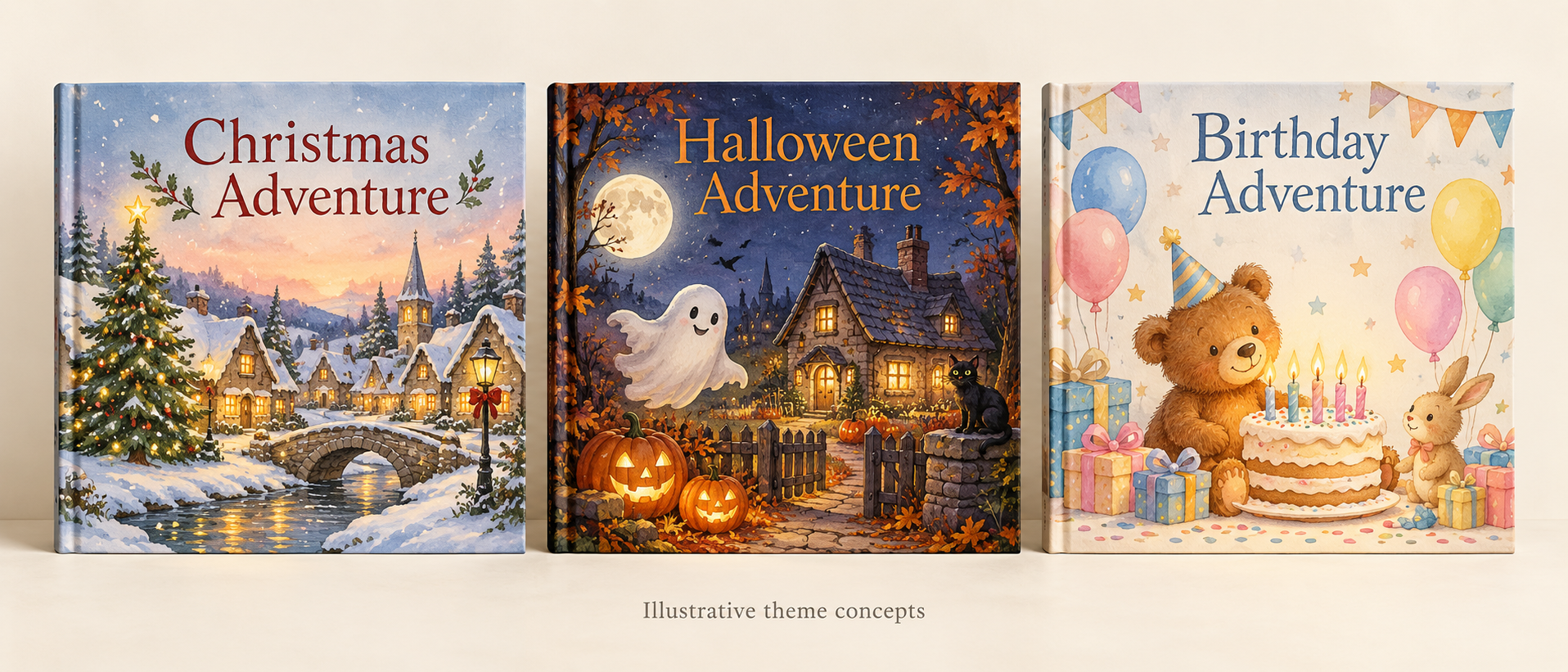 Illustrative square book concepts for Christmas, Halloween and birthday adventures