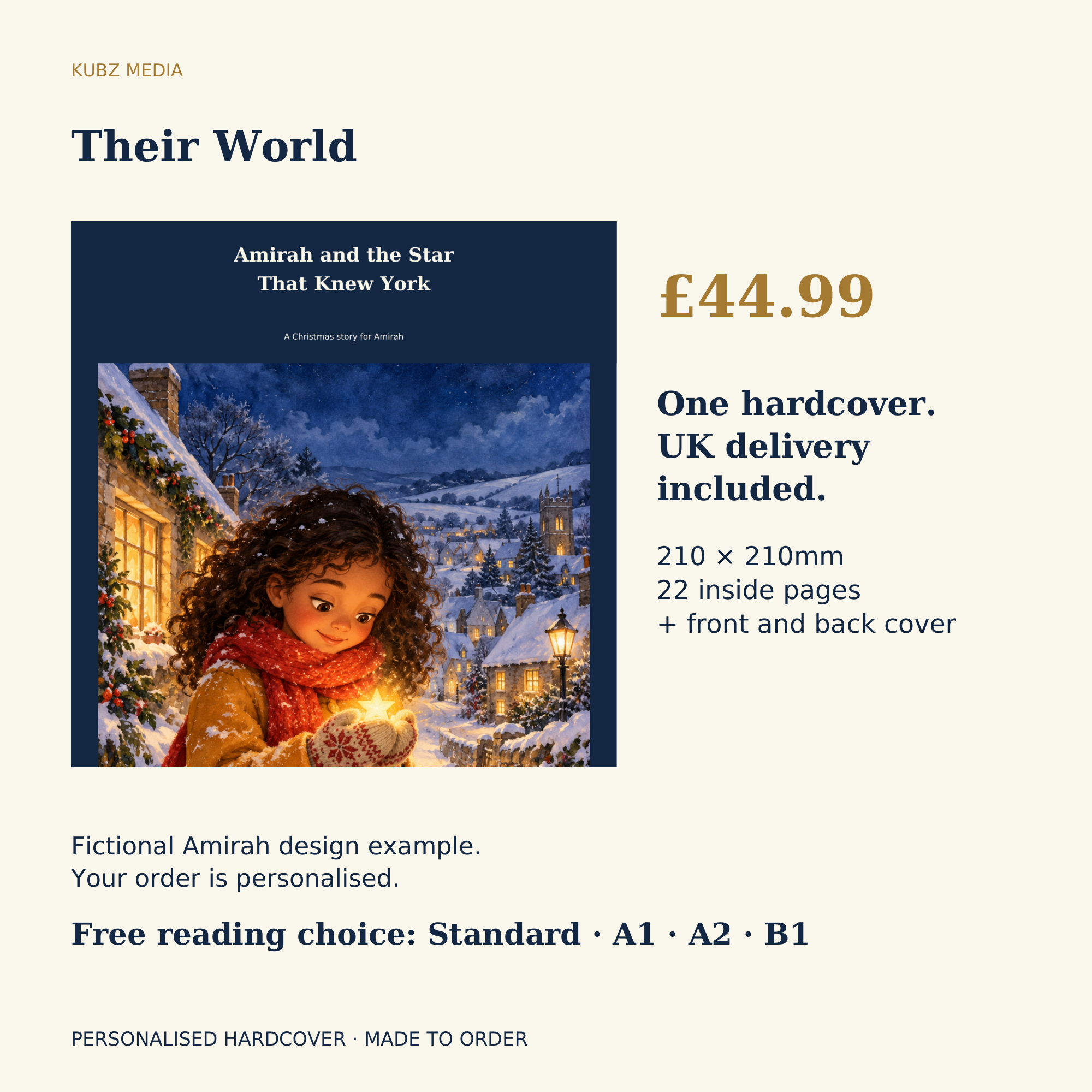 Fictional Amirah example for Their World Hardcover